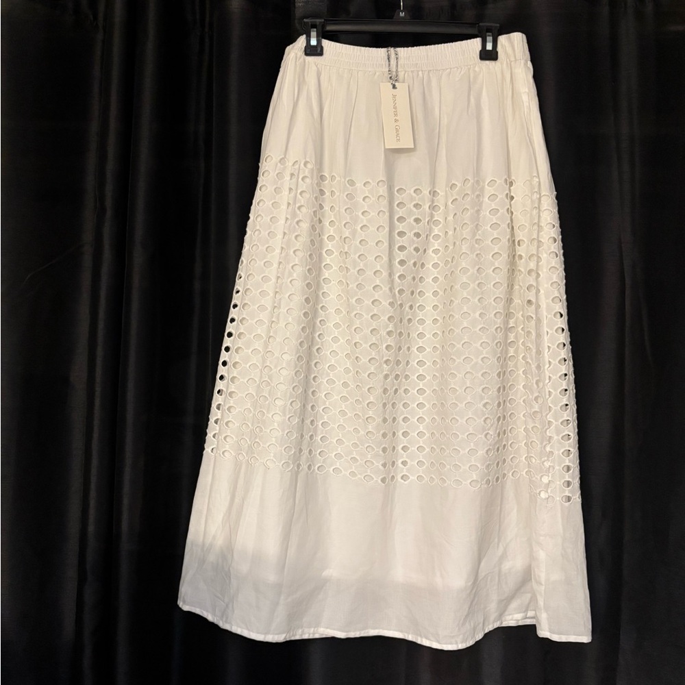 Jennifer & Grace Chic White Eyelet Midi Skirt Large